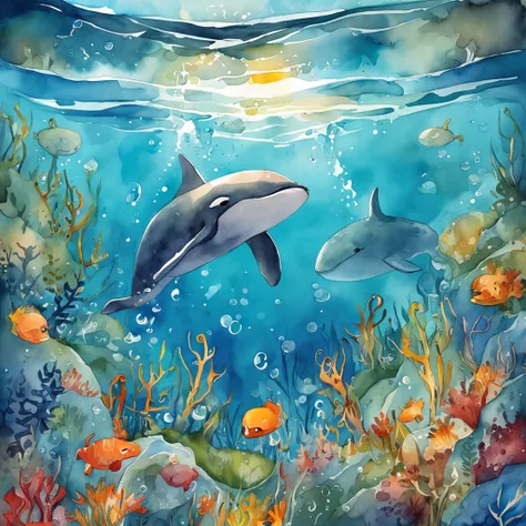 Childrens book illustration：The boy in white swims with whales at the bottom of the sea，The whale jumped out, The bubbles around the surface of the water slowly rise，Sunlight slanting, prime time,