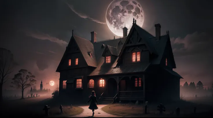 horror book cover, abandoned wooden gothic house with a graveyard, full moon, spooky atmosphere, halloween, red sky, 10 year old Wednesday Addams in foreground skipping up the path