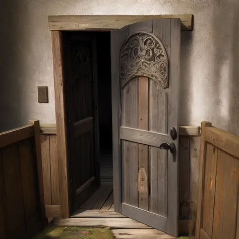 A weathered, wooden door with intricate carvings, slightly ajar, revealing a glimpse of darkness beyond.