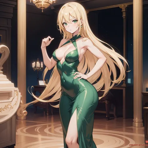 Anime girl, shoulder lengths blonde hair, short Green Party dress, sexy, posing, at a fancy ballroom, hourglass figure, curvy, skinny, full body shot, hand on hip, very small waist, big ass