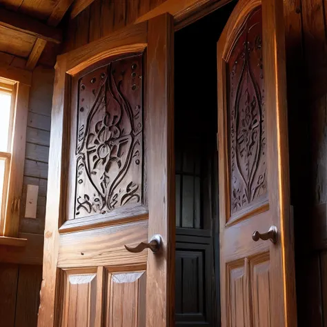 A weathered, wooden door with intricate carvings, slightly ajar, revealing a glimpse of darkness beyond.