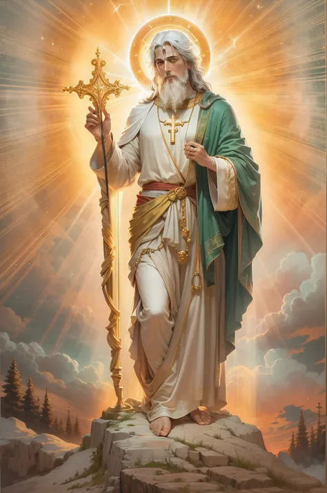 "saint Andrew, ethereal and captivating, in a vibrant celestial setting, with golden rays of light illuminating the scene, a divine aura surrounding him, emanating tranquility and grace."