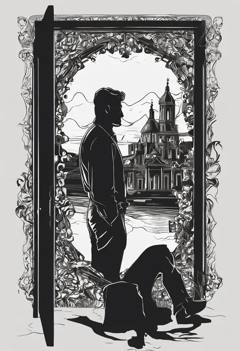 The Arad man in a black shirt stands in front of the mirror, Official illustration, Silhouette, silhoutte, silhouette of a man, looking in a mirror, silhouette of man, male art, looking in the mirror, Dark portrait, looking in a mirror, Detailed silhouette...