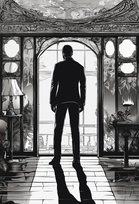 The Arad man in a black shirt stands in front of the mirror, Official illustration, Silhouette, silhoutte, silhouette of a man, looking in a mirror, silhouette of man, male art, looking in the mirror, Dark portrait, looking in a mirror, Detailed silhouette...