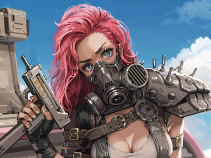 (tmasterpiece, hiquality, beste-Qualit), pixel, Pixel Art, 1 girl, Mad Max ,in a gas mask , body complet, (((Contemptuous, Hesitate)))