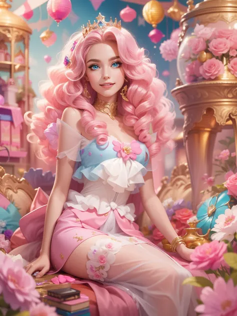 tmasterpiece，best resolution，8k wallpaper，offcial art，barbiecore，golden curly hair，pink crown，charming princess，sparkle in eyes，...