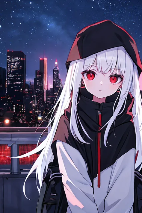 teens girl，White hair and red eyes，Black hood，Like a hacker，The background is the city at night，There are stars in the sky