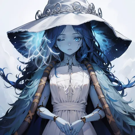 ranni, 1girl, wavy hair, blue skin, cracked skin, extra arms, extra faces, doll, joints, doll joints, white dress, hat, cloak, e...