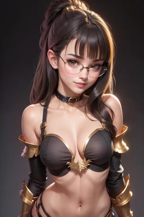 1 cute girl (18yo) glasses, upper body, slim waist, small breast, sexy pose, naugthy face, bangs, random hairstyle, cleavage, navel, collar, collarbone, off shoulder, seductive smile, wear intricately hot sexy gladiator armor (gold and black color,1.1). fl...