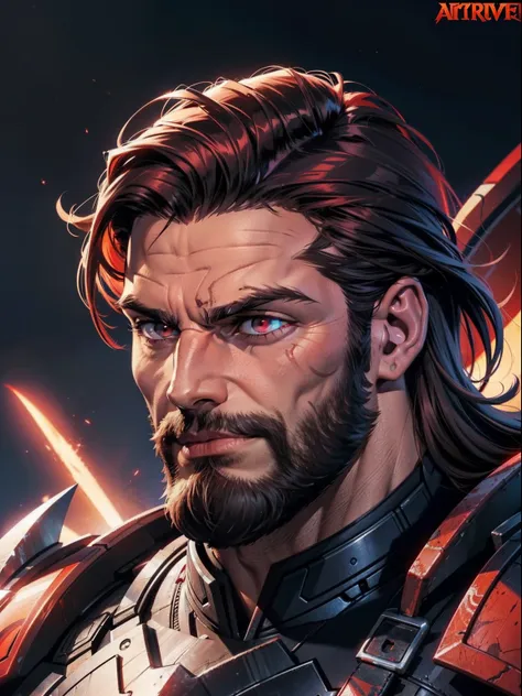 dark night crimson moon background, marvel comics style. a close up of a todd smith as ares with mullet hair and a short beard. ...