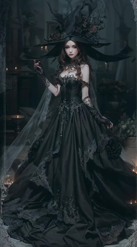 The witch girl, in the witch wedding, beautiful black dress, best quality, masterpiece, (realistic:1.2), Front, detailed face, (((masterpiece))), (((best quality))), (((extremely detailed))), illustration, mysterious, full perfect body,