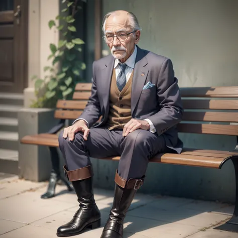 An old man in riding boots sat on a bench，He wears a striped suit，Wearing glasses，balding，