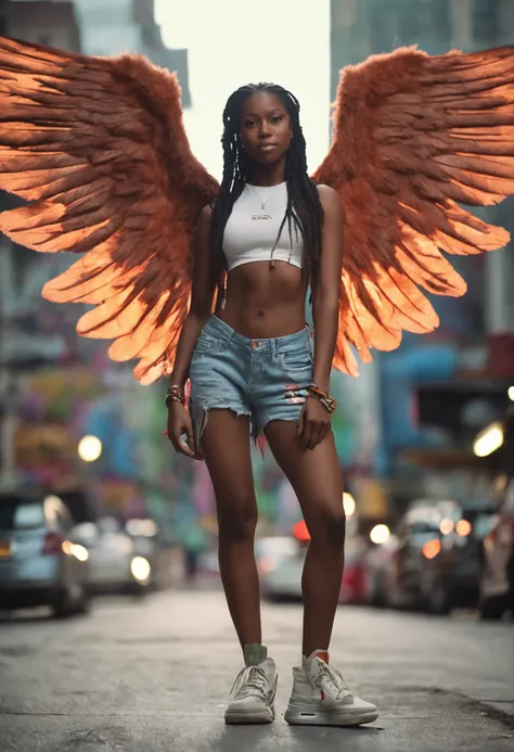 female angel with huge wings wearing baggy saggy urban clothing nike sneakers and dreadlock she got that goddes like swagger adding an extra flair to her already impressive presence she needs to be worshipped her swagger presence must be known at all times...