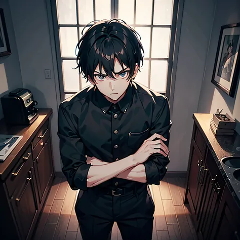 A boy，Black color hair，blue color eyes，Handsome，The expression is serious,vred，irate，Inside the house，Figure anime style，Dark 4K, hyper HD, Masterpiece