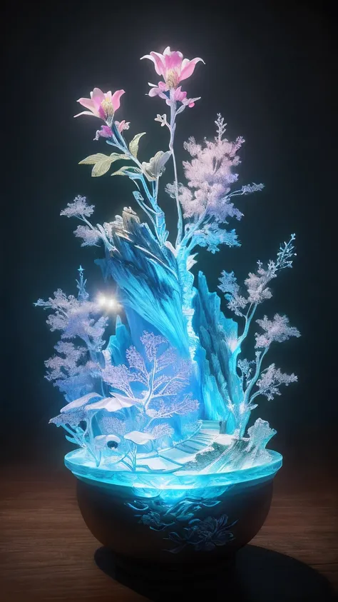 best quality, realistic, photorealistic,  ultra detailed, "Mountain of Flower and Fruit+Fairy+Chinese Architecture" highly detailed carving on "southern ice" porcelain,Ultra wide angle,Accent Lighting,Volumetric Lighting,backlighting, (detailed light),((an...