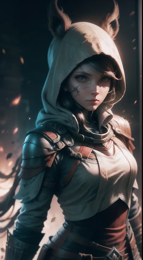 Portrait of a female warrior standing in front of the window, Assassins Creed game, photograph realistic, postapocalypse