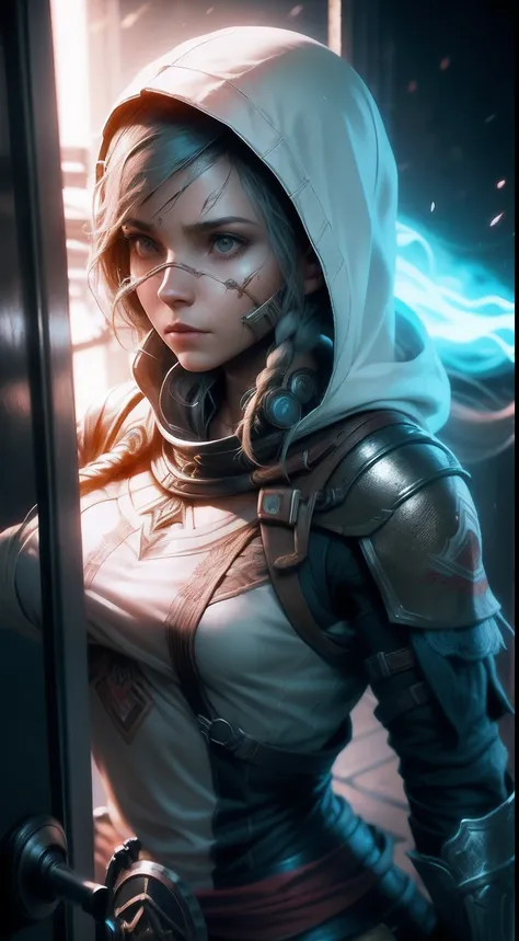 Portrait of a female warrior standing in front of the window, Assassins Creed game, photograph realistic, postapocalypse