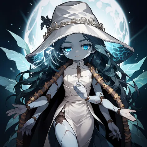 Ranni, 1girl, wavy hair, blue skin, cracked skin, ((extra arms)), extra faces, doll, joints, doll joints, white dress, hat, cloak, extra arms, blue hair, wavy hair, blue eyes, perfect anatomy, solo, chibi