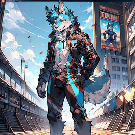 solo person，shaggy male，furry，werecreature，canid，full bodyesbian，Dark fur，Black-gray fur，blue colored eyes，black greatcoat，Racing suits，short detailed hair，standing on your feet，The background is a race track，The audience cheered，Poster graphic，Photo scree...