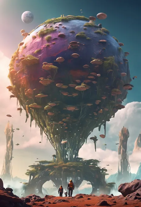 A small spaceship is landing on a strange planet。It is surrounded by strangely shaped plants and rocks，The astronauts prepare to disembark，Start exploring this mysterious planet。