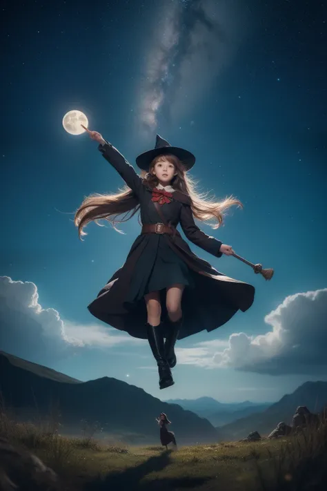 A masterpiece illustration of a young witch flying through the night sky on her broomstick. The details are ultra-detailed and best quality, capturing the girls determination and skill as she rides through the wind, hair flowing behind her. She is dressed ...