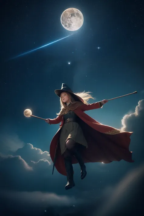 A masterpiece illustration of a young witch flying through the night sky on her broomstick. The details are ultra-detailed and best quality, capturing the girls determination and skill as she rides through the wind, hair flowing behind her. She is dressed ...