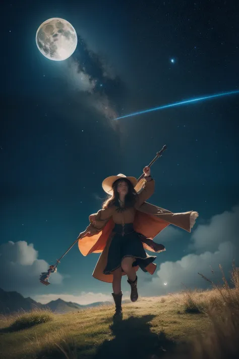 A masterpiece illustration of a young witch flying through the night sky on her broomstick. The details are ultra-detailed and best quality, capturing the girls determination and skill as she rides through the wind, hair flowing behind her. She is dressed ...