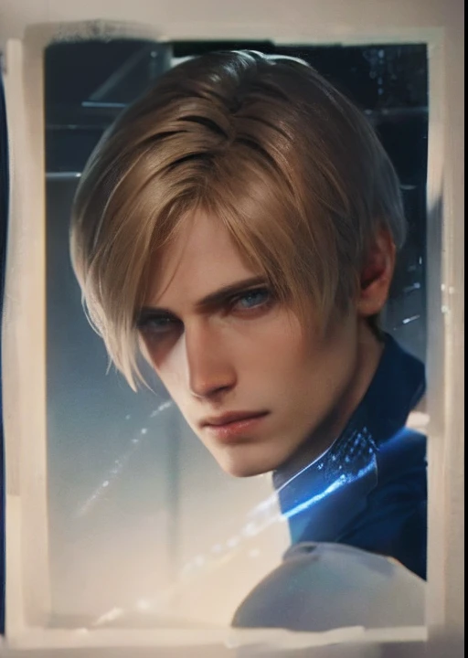 there is a man with a short hair and a blue shirt,  leon s. kennedy, johan liebert mixed with dante, linus sebastian, johan lieb...