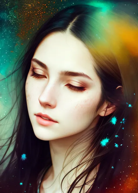 Agnes Ceciles woman with closed eyes，Long black hair，Intoxicated expression，exquisite facial features，Luminous design，pastelcolor，Ink drops，Autumn lights，