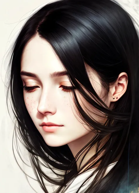 Agnes Ceciles woman with closed eyes，Long black hair，Intoxicated expression，exquisite facial features，Luminous design，pastelcolor，Ink drops，Autumn lights，