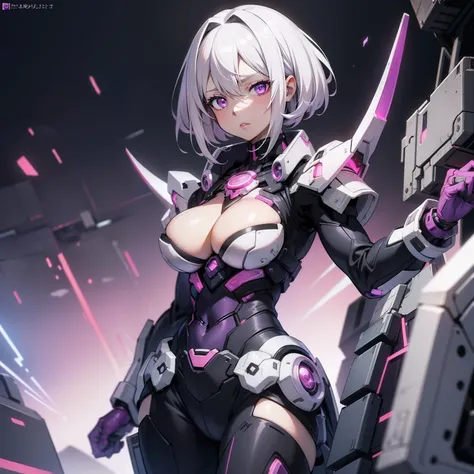 machine girl，realisticlying，1girll，White hair，Purple eye，parted lip，full bodyesbian，standing on your feet，The right hand crosses the waist，high and cold，Raised sexy，breasts focus，cleavage，鎖骨，Pink tender