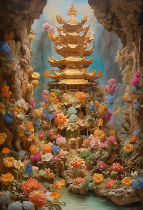 best quality, realistic, photorealistic,  ultra detailed, "Mountain of Flower and Fruit+Fairy+Chinese Architecture" highly detailed carving on "southern ice" porcelain,Ultra wide angle,Accent Lighting,Volumetric Lighting,backlighting, (detailed light),((an...