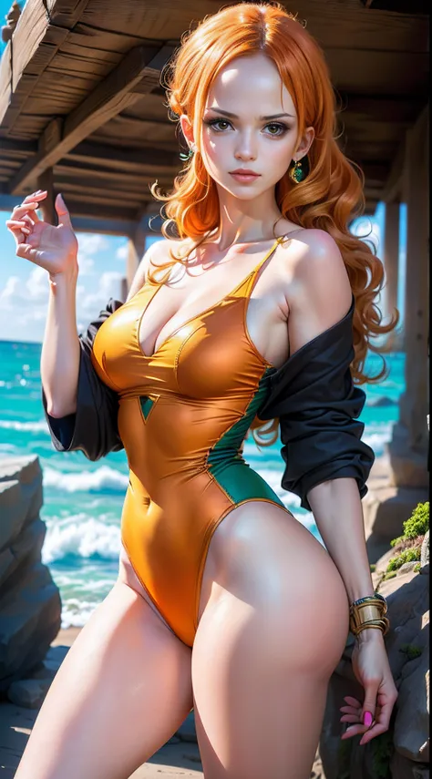 hiper real）(Nami for one piece), Corpo da mulher definir seios grandes, pernas grossas,  topo verde ，medium orange hair with waves，meias brancas，Um cabelo laranjas.