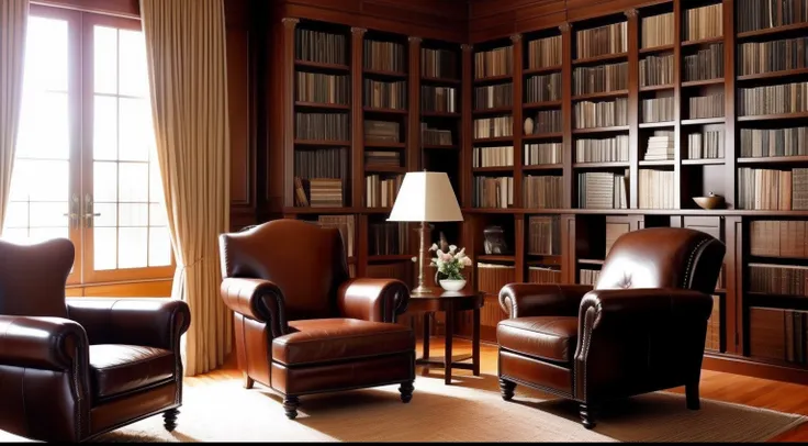 beautiful elegant room with bookshelves and old books, leather chair, lamp, dusty, cinematic