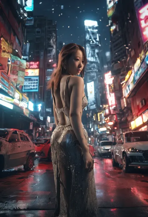 (8k, RAW photo, best quality, masterpiece:1.2), (realistic, photo-realistic:1.37),1girl,cityscape, night, wet, professional lighting, photon mapping, radiosity, Korean Doll,torn , large breasts, white dress