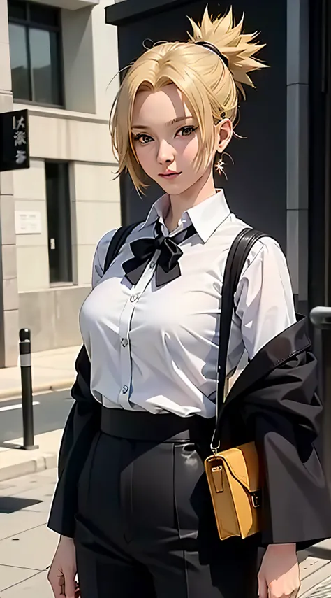 temari from anime naruto, short hair, blonde hair, tied hair, beautiful, beautiful woman, perfect body, perfect breasts, wears white formal shirt, black blazer, black trousers, carries bag, wears watch, wears earrings, in public, being in tokyo city, being...