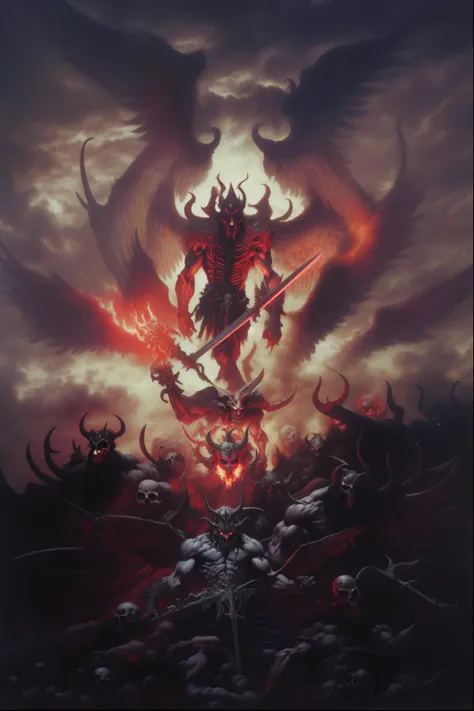 demonic demon with a sword and a huge demon on a pile of skulls, angel in hell, the angel of death, angel of death, satan in hell, infernal art in good quality, devil, the king of hell, demon, with hellish devil wings, king of hell, an ominous fantasy illu...