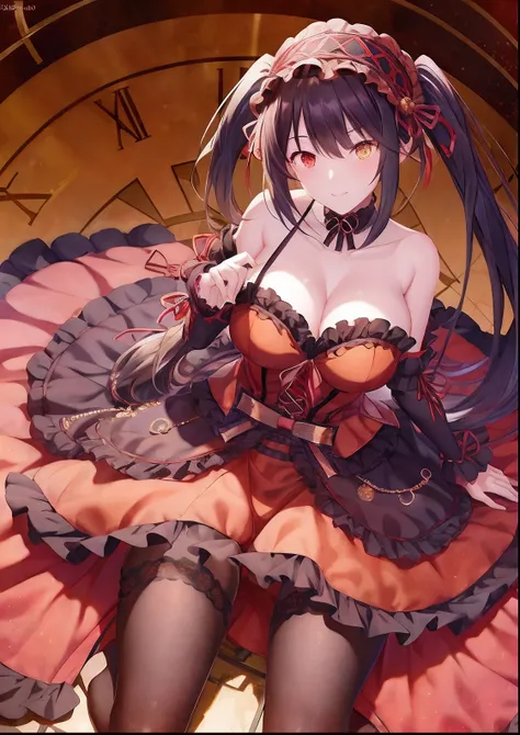 (1girl), black hair, tokisaki kurumi, adult female, headband, heterochromia:1.5, red eye, yellow eye, dominant, domina, goth, Spirit form, astral dress, long twintails, hourglass figure, medium breast, women showing middle finger to viewer, women looking m...
