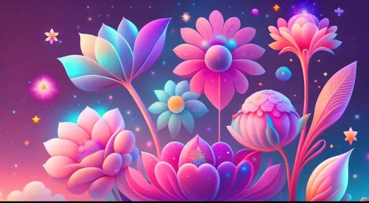 Several beautiful flowers, cartoon illustration, sky in a gradient of vibrant colors with twinkling stars. Immerse yourself in a mystical world full of magical elements (ponderado em 0.9).