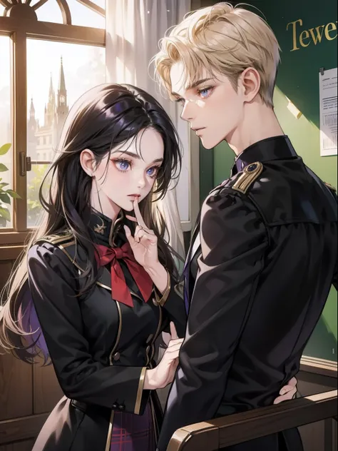 Couple, 1 girl 1 boy, different hair color, long black hair and purple eyes, short blonde hair and green eyes, romance, light suite,18 year old, students, uniform.