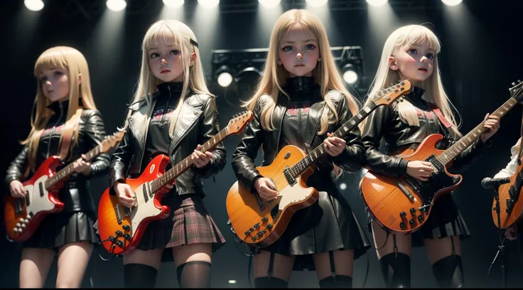 3 Russian 10 years old girls, With Long Blonde Straight Hair, With Black Leather Jackets, short leather skirts, playing guitars