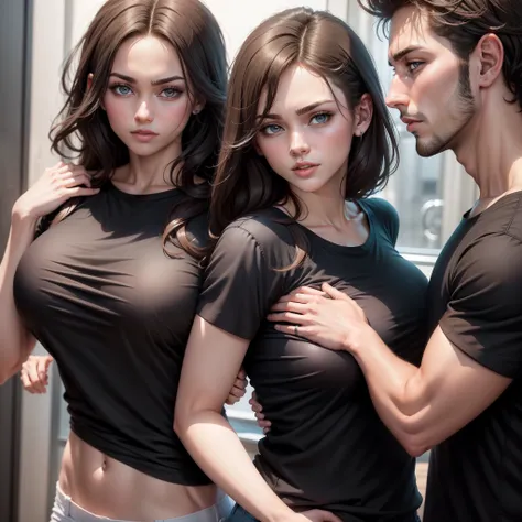 Handsome man grabs the breasts of a brunette woman with his hands from behind，The woman was wearing a black T-shirt