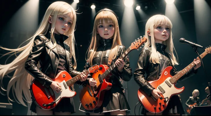 3 Russian 10 years old girls, With Long Blonde Straight Hair, With Black Leather Jackets, short leather skirts, playing guitars