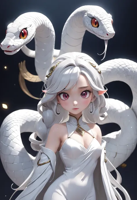 Pixar style super cute anthropomorphic white snake， Dai Han costume and crystal crown, Standing, Attractive big eyes, a cute tail, Standing, surreal, super fine, luxurious, Elegant standing, Attractive big eyes, a cute tail, Standing, surreal, A highly det...