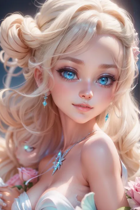 There is a doll in a prom dress, anime barbie in white, Delicate skin, Big blue eyes,Pink rose space,  Anime princess, princess portrait, blond-haired princess, kindly smile, Animated illustration, Disney style, Pixar style, OC Render，Kushatt Krenz Key Art...