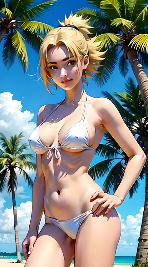 temari from anime naruto, short hair, blonde hair, tied hair, pretty, beautiful woman, perfect body, perfect breasts, wearing a beach bikini, white bikini, expensive bikini, on the beach, beautiful beach, very beautiful, coconut trees, looking at the viewe...