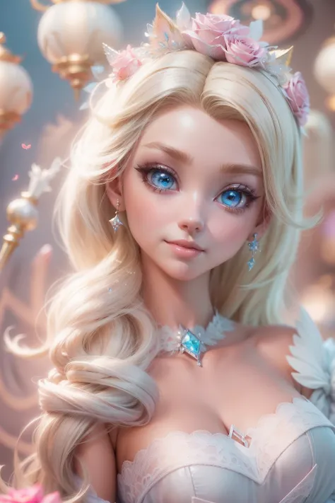 There is a doll in a prom dress, anime barbie in white, Delicate skin, Big blue eyes,Pink rose space,  Anime princess, princess portrait, blond-haired princess, kindly smile, Animated illustration, Disney style, Pixar style, OC Render，Kushatt Krenz Key Art...