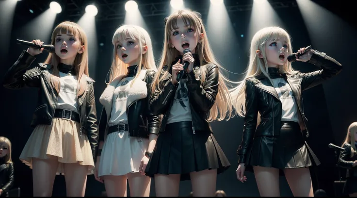 3 Russian 10 years old girls, With Long Blonde Straight Hair, With Black Leather Jackets, short leather skirts, singing into a microphone