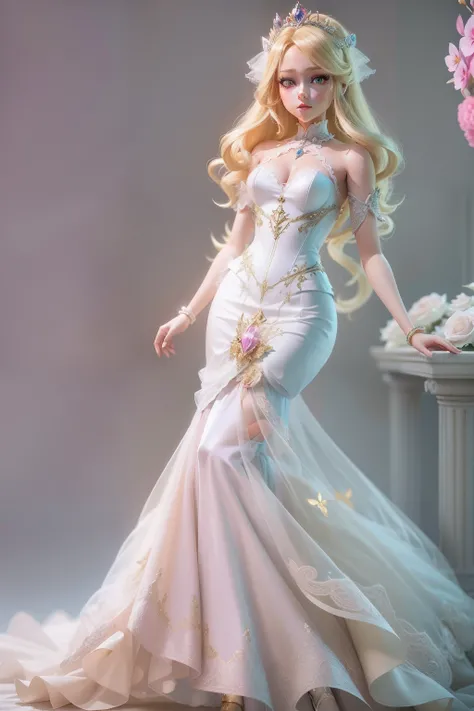 There is a doll in a prom dress, anime barbie in white, Anime princess, princess portrait, blond-haired princess, anime barbie doll, Kushatt Krenz Key Art Women, 3 d render stylized, 3 D rendering character art 8 K, Cute detailed digital art, portrait of f...