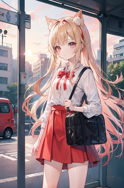 1girll，bit girl，Petite，Long beige hair，red color eyes，Cat ear headband，Casual dress，the setting sun，Bus stop，wearing school bag